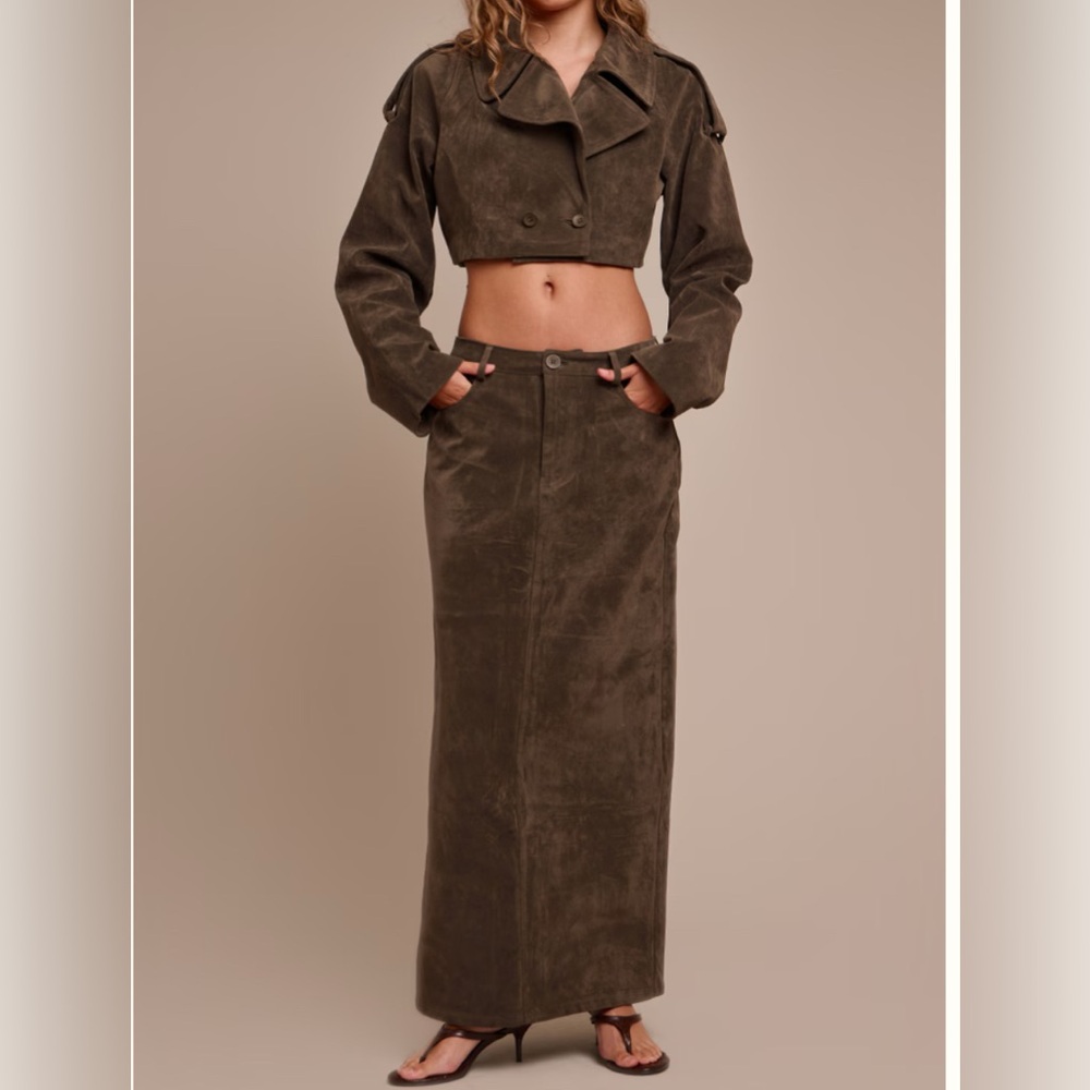 PrettyLittleThing Brown Cropped Jacket and Maxi Skirt Set
